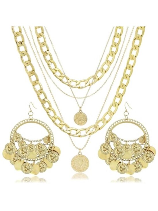 Jewelry - 2 Pcs Women's Layered Golden Pirate Necklace Earrings Chunky Chain Layered